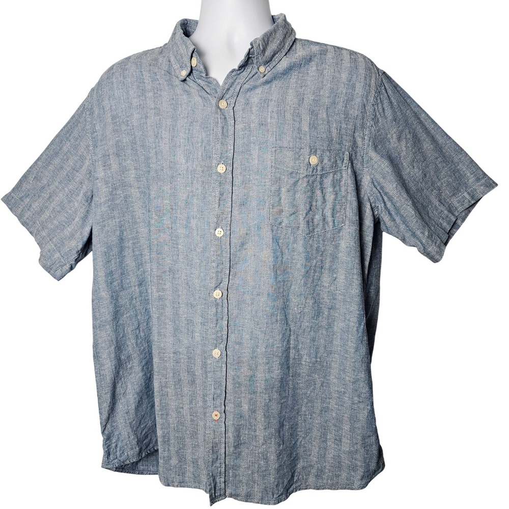 Weatherproof Vintage Mens Washable Linen Blend Shirt XL Blue Striped Coastal